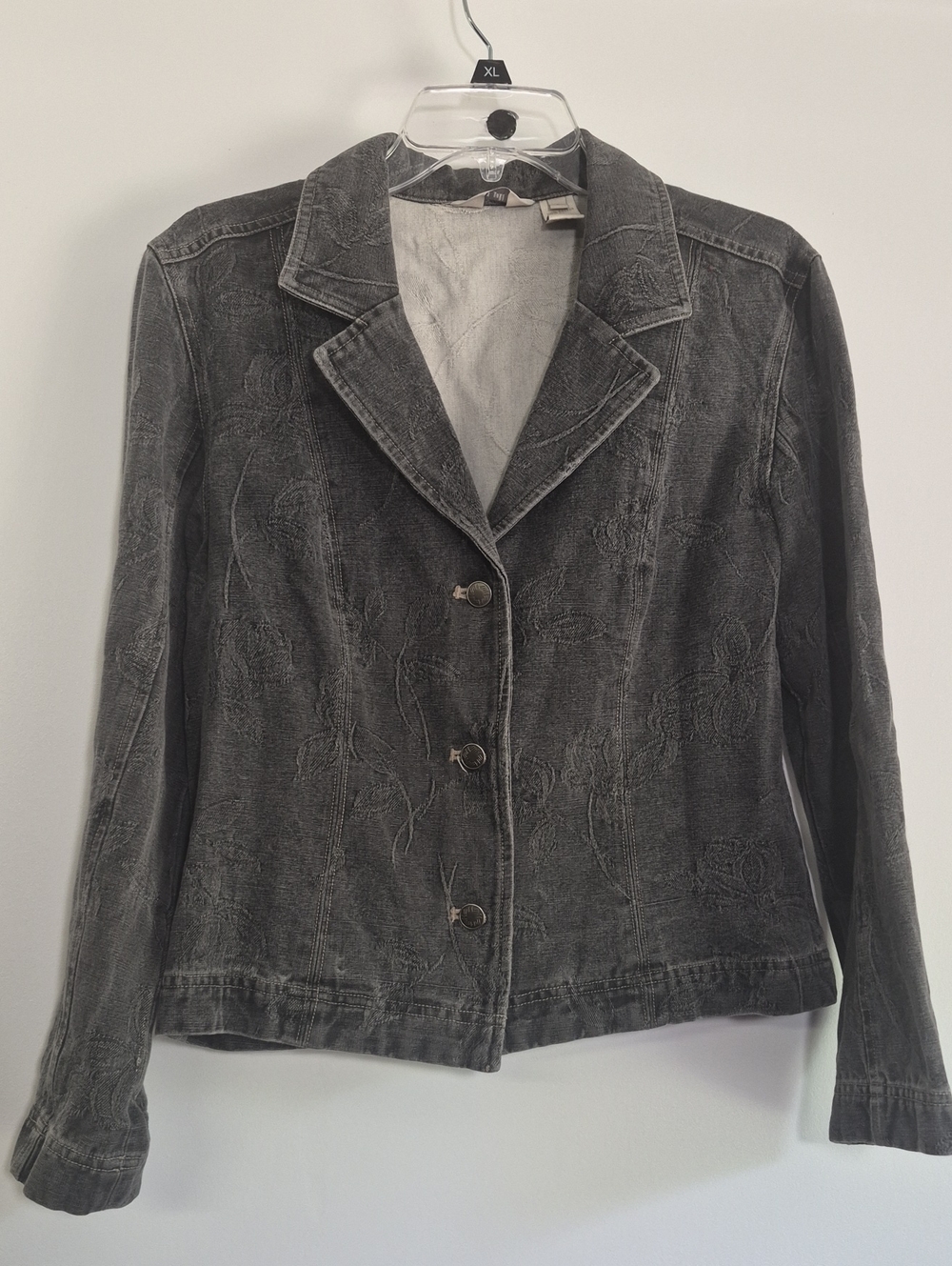 J. Jill Gray Jacard Pattern Black Button-Front Jean Jacket SZ S